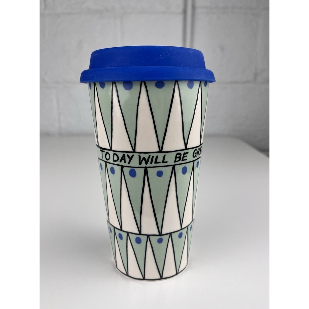 Molly Hatch Anthropologie Today Will Be Great Travel Mug Ceramic Teal Blue Lid